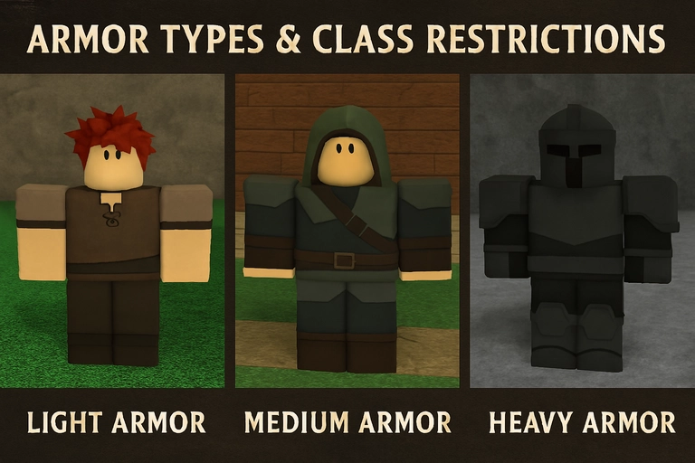 Examples of Light, Medium, and Heavy Rune Slayer armor sets demonstrating visual differences.